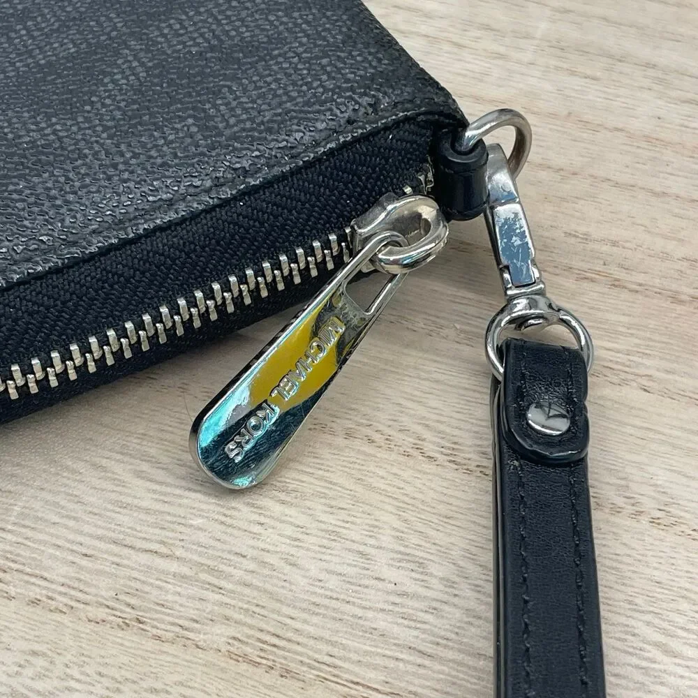 Michael Kors MK Jet Set Slim Wallet Black Signature Monogram Flat Wristlet Zip - Picture 6 of 8